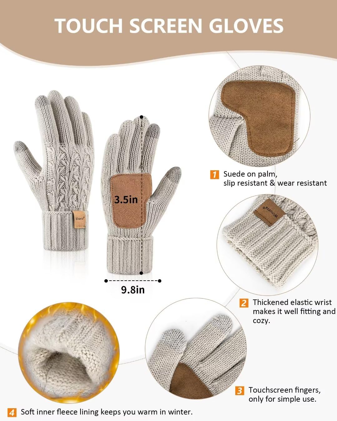 Womens Beanie Hat Scarf Gloves Set, Fleece Lined Winter Hat with Pom Pom, Long Knit Scarf Touchscreen Gloves for Cold Weather