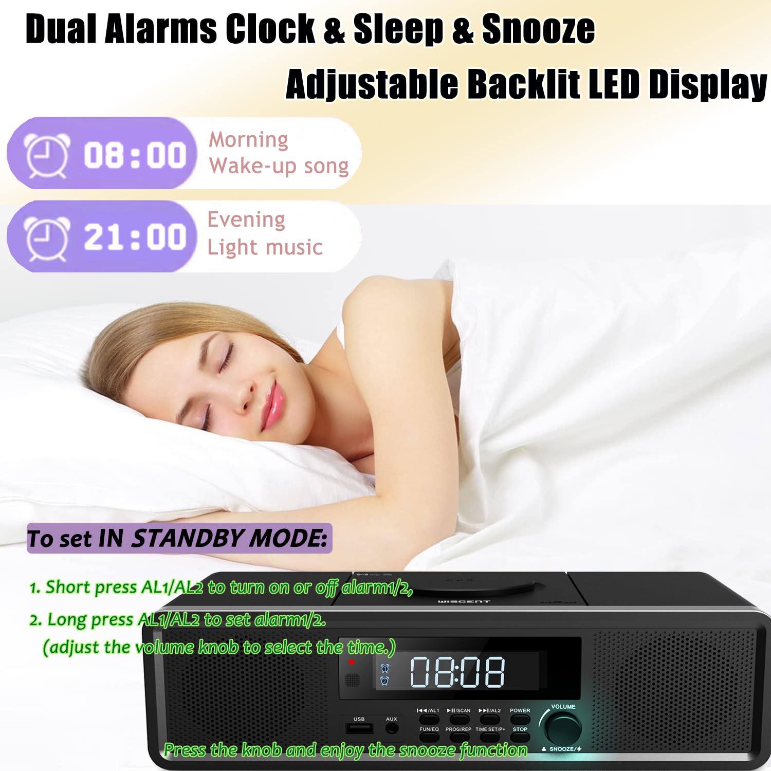 Compact Stereo System with CD Player, Bluetooth, Dual Alarms Clock, FM Radio, 20W RMS Clear Sound, USB/AUX Input, Snooze & Sleep Timer, Remote Control - for Home and Bedroom