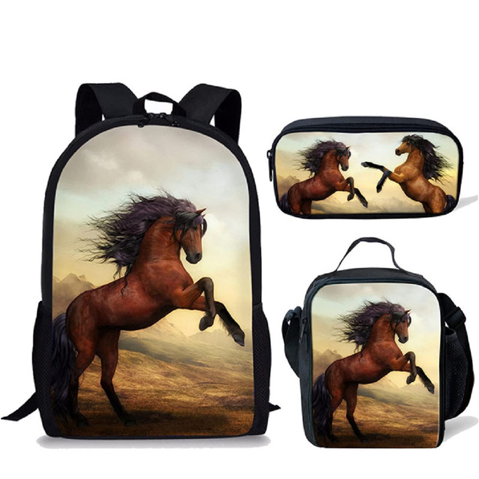 NETILGEN Animal Horse Backpack School Bag Set for Boys & Girls with Travel Outdoor Hiking Picnic Lunch Bag, Horse Pen Case 3 pcs School Set