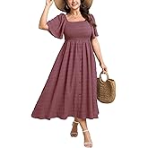 Plus Size Casual Maxi Boho Dress for Curvy Women Short Sleeve Square Neck Smocked Summer Beach Dresses Button Down