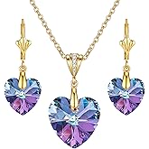 EVEVIC Austrian Crystals Heart Pendant Necklace Earrings for Women 14K Gold Plated Hypoallergenic Leverback Drop Dangle Earring Jewelry Set