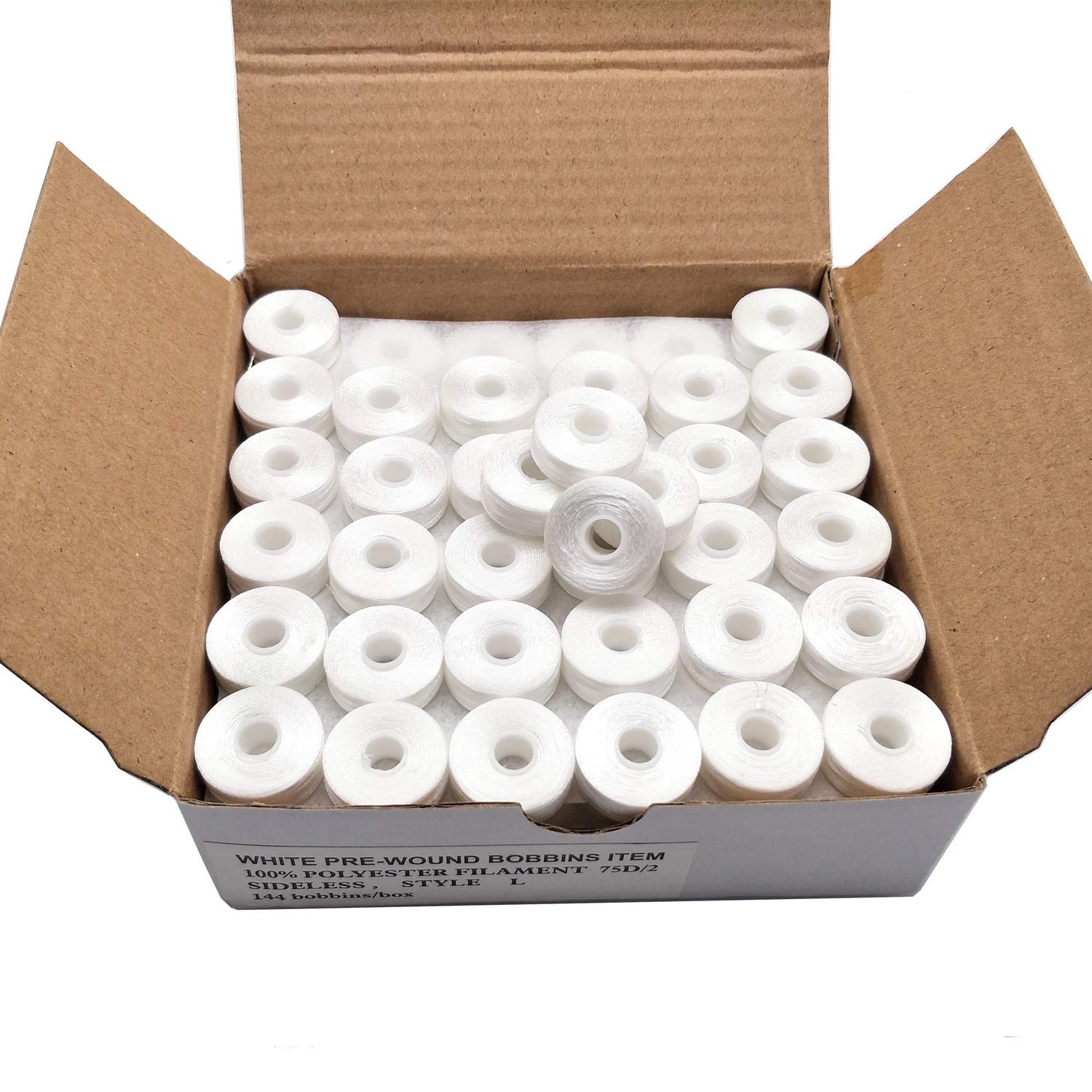YEQIN Prewound Bobbin Thread, Sideless, 144pcs Type L Size (SA155) White 75D/2 Polyester Thread, Compatible with Babylock, Barudan, Bernina, Brother, Consew, Singer, Tajima and More