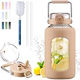 BLUEGO 84oz Water Bottle Glass with Stainless Steel Handle Large 2.5l Water Bottle with Time Markers and Silicone Sleeve Half Gallon Water Jug BPA Free for Gym Daily Use, Amber