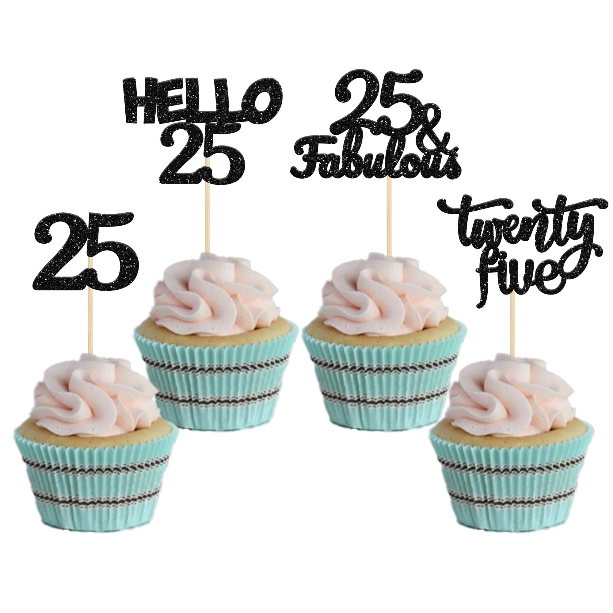 Gyufise 24Pcs Black Glitter 25th Birthday Cupcake Toppers 25 Fabulous Cupcake Picks Hello 25 Twenty Five Cupcake Picks for 25th Birthday Cake Decorations Supplies