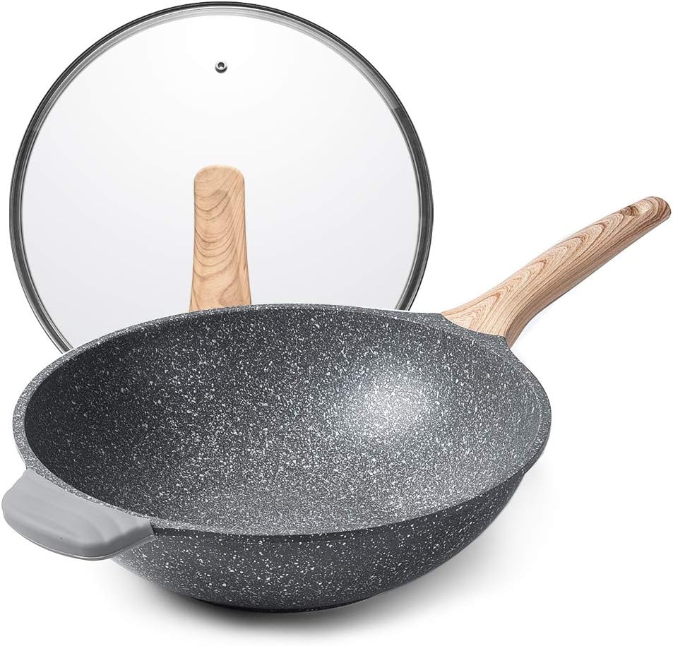 Caannasweis Chinese Wok 12 inch Pan, Nonstick Woks and Stir Fry Pans with Glass Lid, Granite Coating Wok Pan Flat Bottom, Soft Touch Handle, Induction Compatible