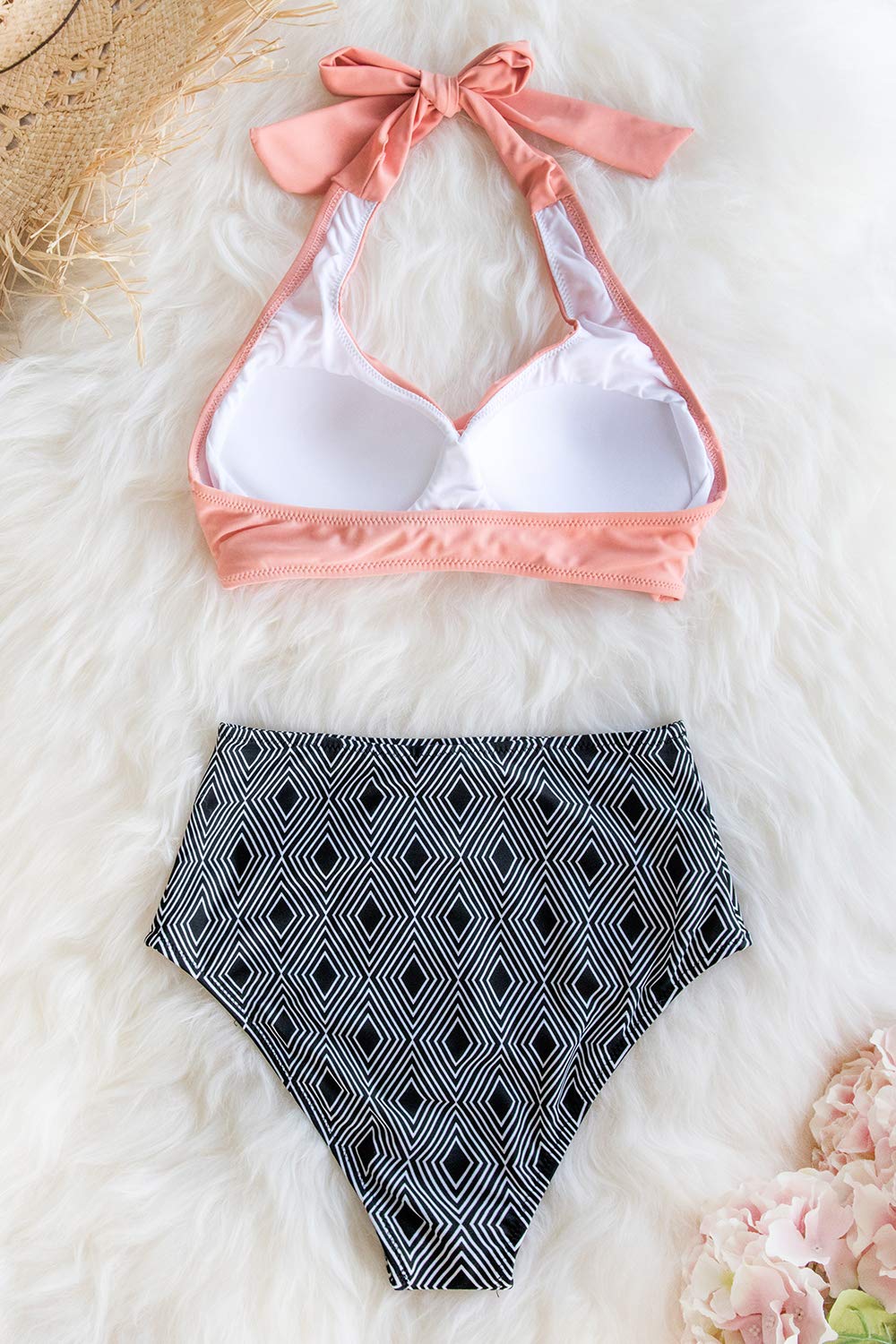 CUPSHE Women's Pink Geometric Print High Waisted Twisted Halter Bikini