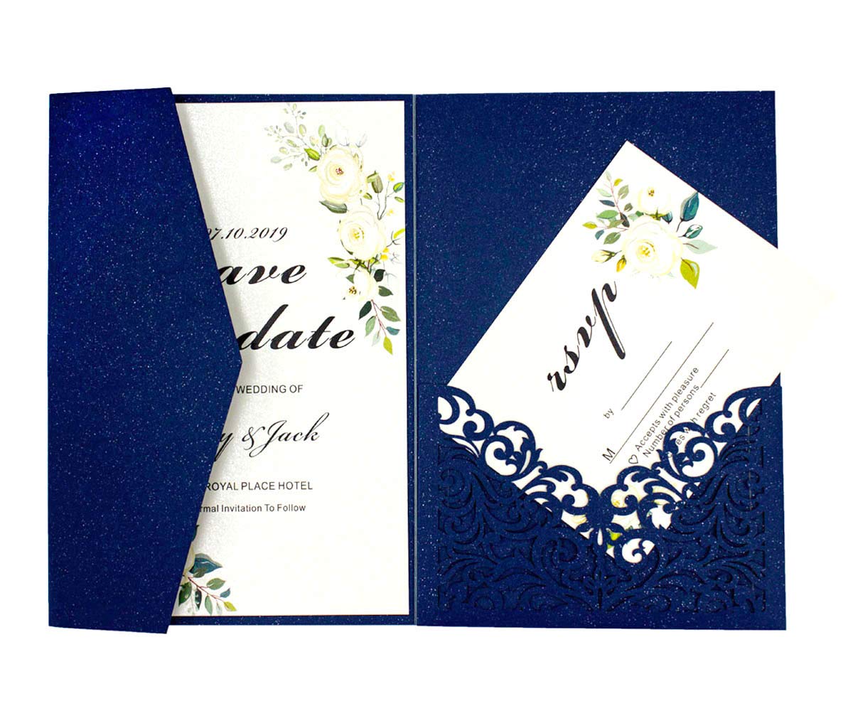 25pcs 5"x 7.28" Navy blue Pearl Paper Vine Tri Fold Wedding Invitations Cards Laser Cut Vertico pocket Hollow Carving Greeting invites Covers only no envelope no insert (navy blue covers only)