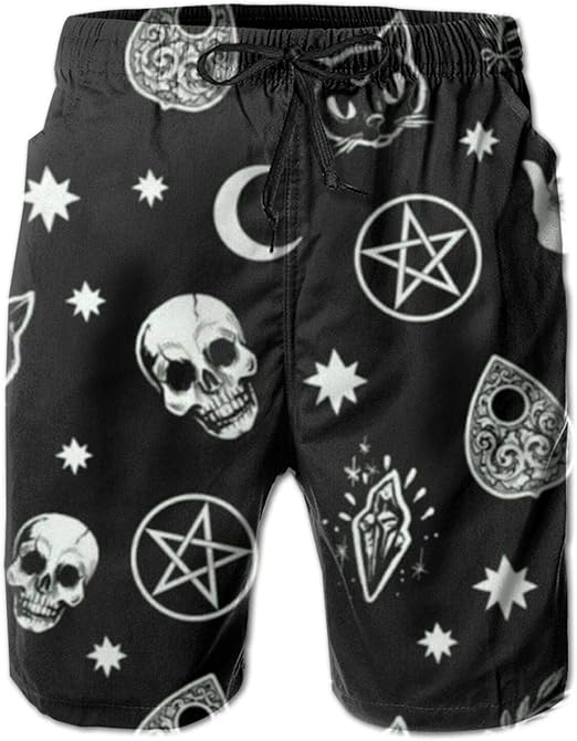 Nomichu Men's Swim Trunks, Fashion Skull Cat Moon Gothic QuickDry Swim