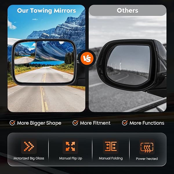 YOUXMOTO TOWING MIRRORS FIT FOR DODGE RAM 1500 1998 1999 2001; FIT FOR DODGE RAM 2500/3500 1998-2002 PICKUP TRUCK MIRRORS, HEATED, MANUAL FOLDING & FLIP UP; LEFT+RIGHT SIDE MIRRORS; BLACK
