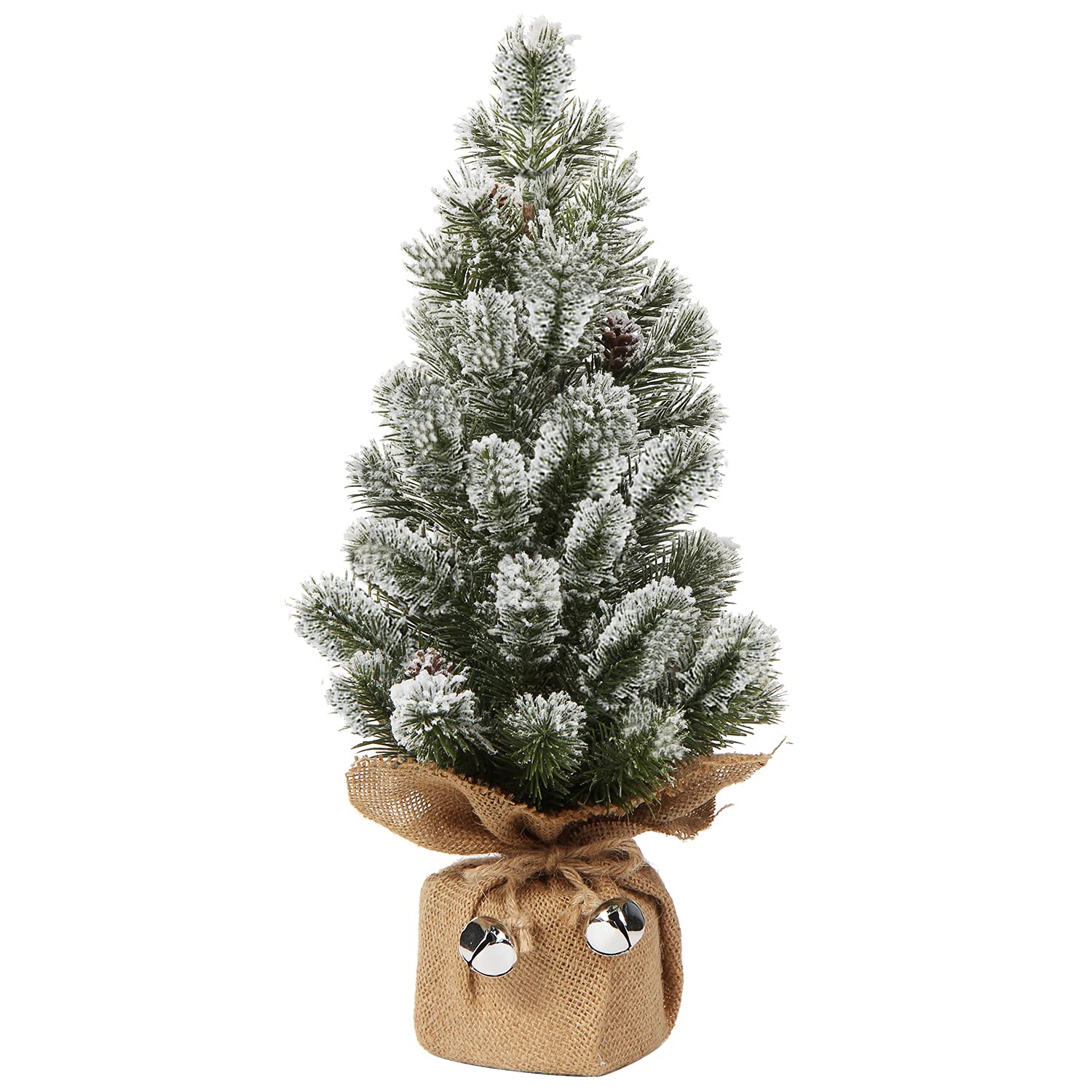 Oairse Mini Christmas Tree, 40cm/16 Inch Small Artificial Pine Cone Silver Bell Snow-Covered Tabletop Christmas Tree for Home Office Desk Table Decorations