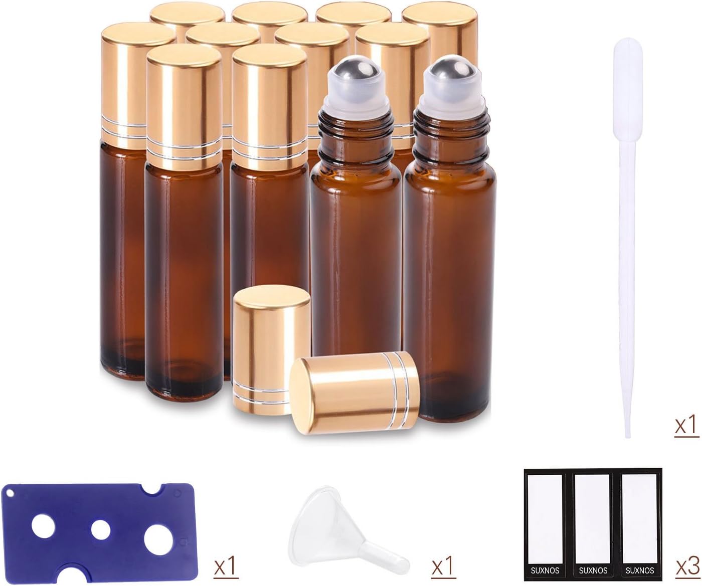 Essential Oils Roller Bottles 10ml 12PCS Brown Amber Glass Bottles Refillable Container Aromatherapy (Funnels, openers, Labels, Plastic pipettes Included) Ideal for Home and Travel