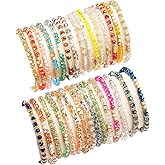 SROBENZ 30Pcs Boho Beaded Bracelets for Women Colorful Stackable Sparkly Crystal Beads Bracelets Multi-Layer Versatile Statement Bracelets Stretch Cuff Jewelry Gifts