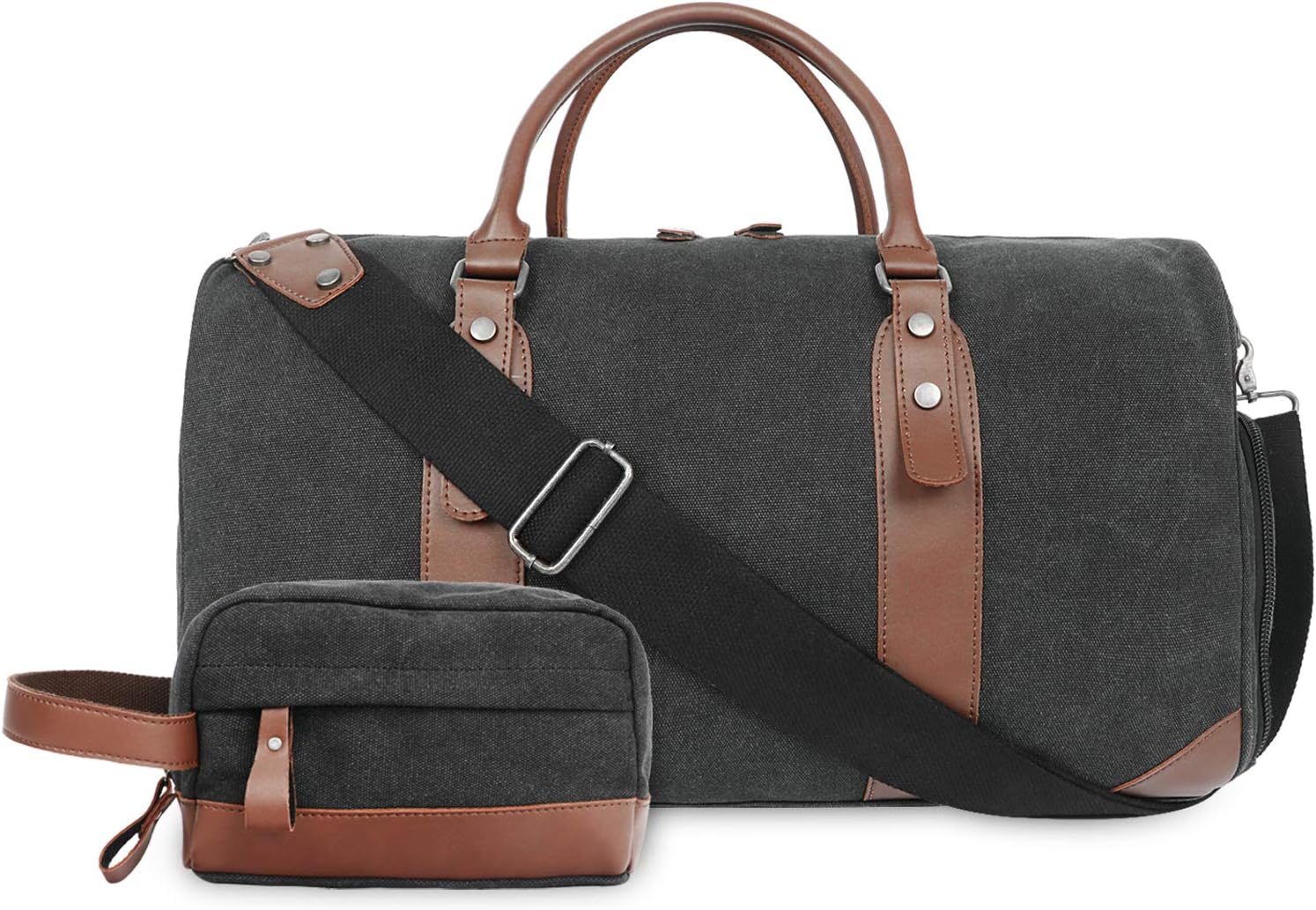 Oflamn Men's Vintage Black Weekender Duffle Bag with Shaving Kit Bag & Shoes Compartment