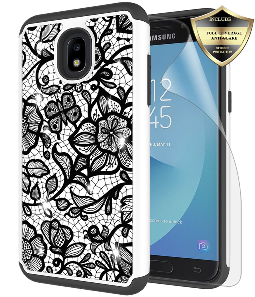 Samsung Galaxy J7 2018 Case, Galaxy J7 Refine/J7 Aero/J7 Top/Aura/Crown/Eon/Star Case, Androgate Hybrid Shock Absorption Floral Bumper Phone Cover Case with TPU Full Coverage Screen Protector, Black
