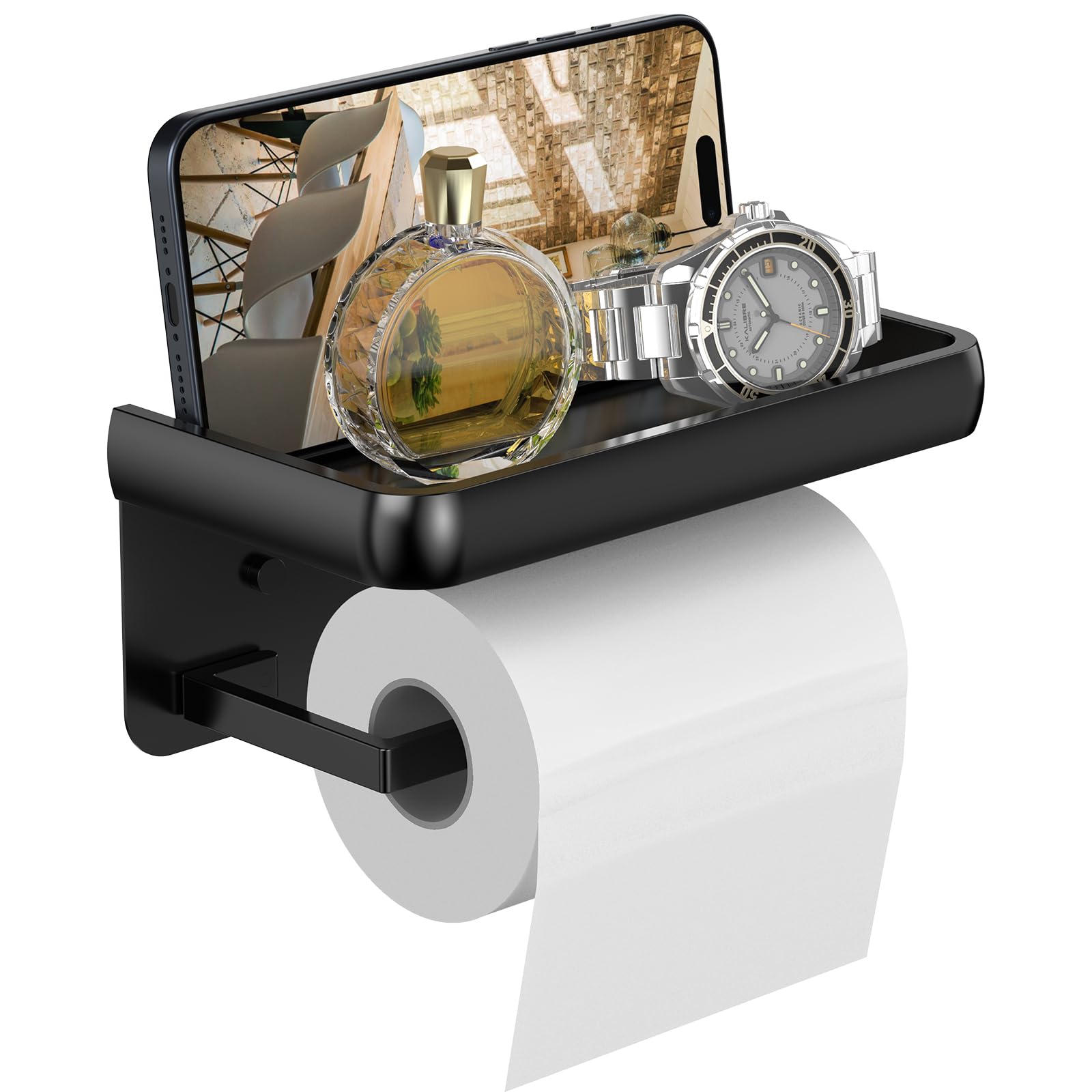 Lucien Toilet Roll Holder No Drilling Required Toilet Roll Holder with Shelf Aluminium Alloy Toilet Paper Holder Wall Mounted for Kitchen and Bathroom (Black)