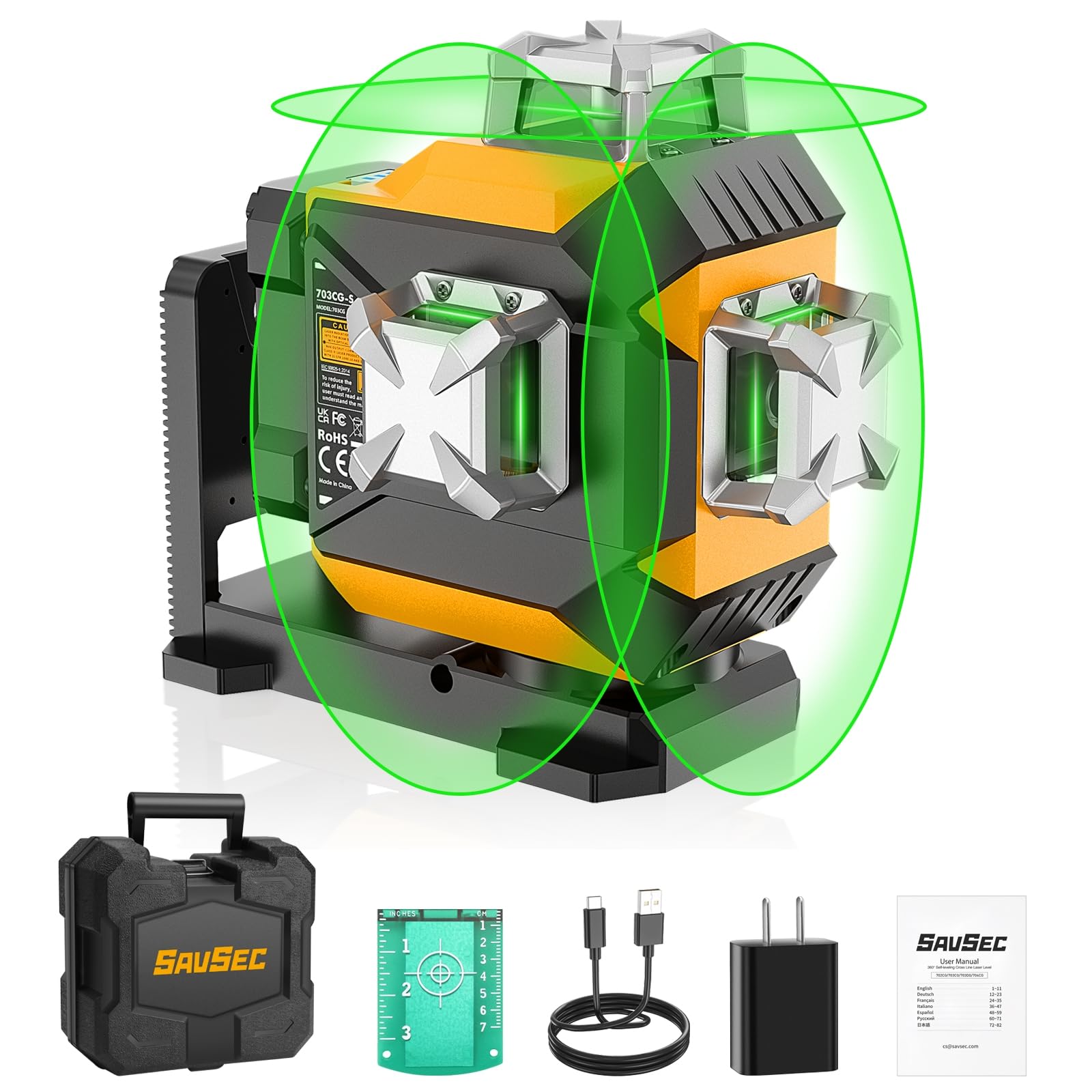 3 x 360° Laser Level, 3D Self-Leveling Green Cross Line Laser 12 Lines Lazer Level and Alignment Laser Tool for Indoor Outdoor, Rechargeable/Brightness Adjustable/Type-C Input & Hard Carry Case -703CG