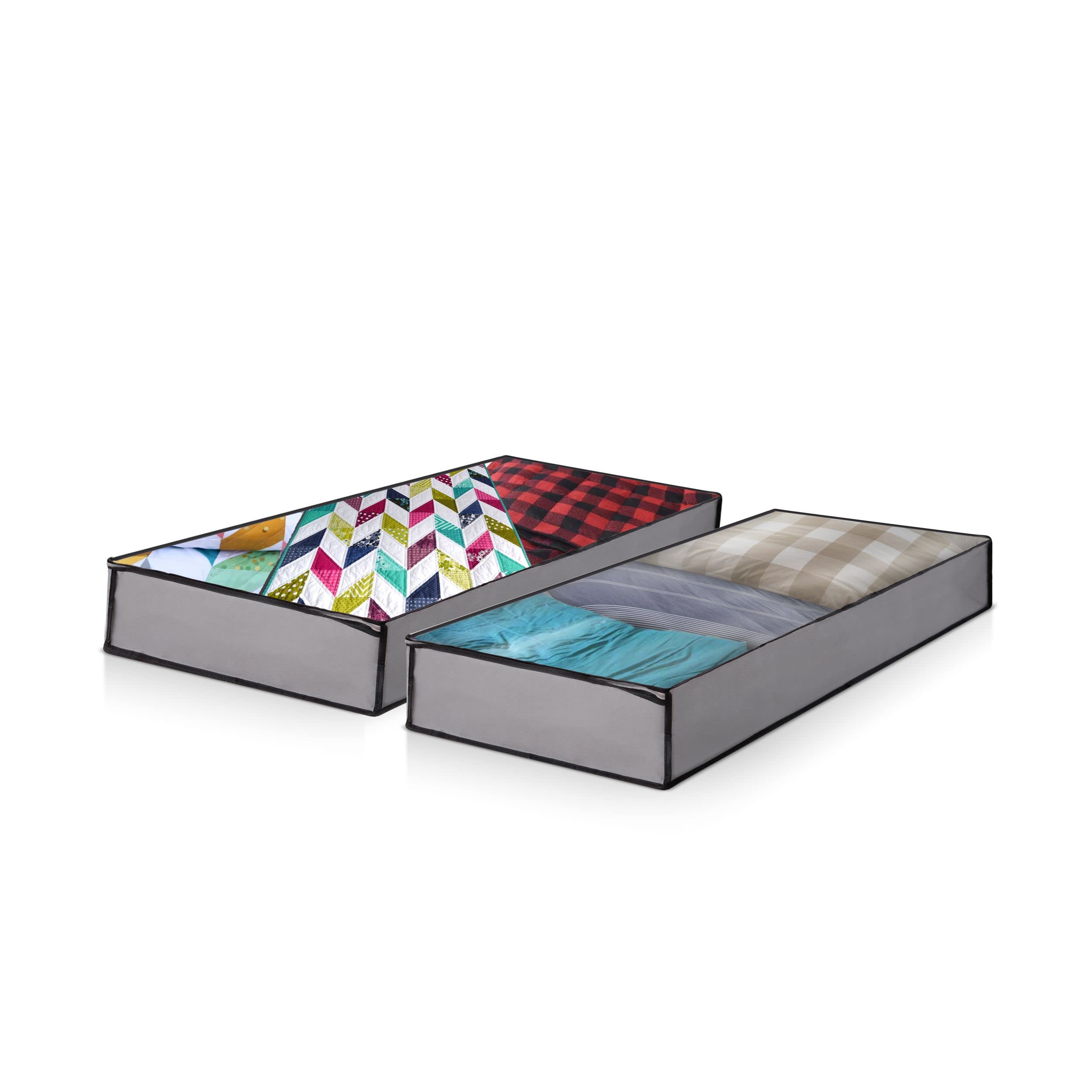 K-One Set of 2 UnderBed Foldable Storage Bags Large Capacity Clothes Blankets Duvet Bedding Storage Organizer Bags With Zip 106 x 45.5 x 15cm Clear Window With Carry Handles (GREY)