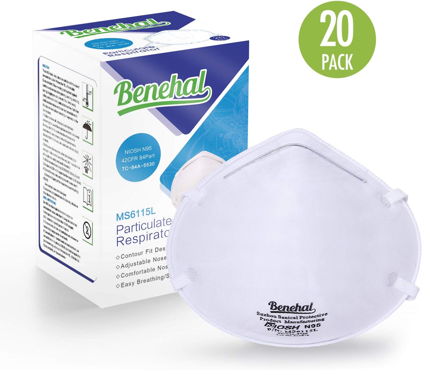 Benehal N95 Disposable Dust Masks NIOSH-Certified Particulate Respirator for Cleaning, Construction, Woodworking, Emergency Kits Mowing and More (MS6115L, 20-Pack) (MS6115L)