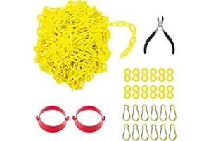 Reliabe1st 50 Feet Yellow Plastic Safety Barrier Chain with 12 S-Hooks and 12 Carabiner Clips and 2 Cone Chain Connector Kits | Caution Security Chain Safety Chain for Crowd Control, Construction Sit