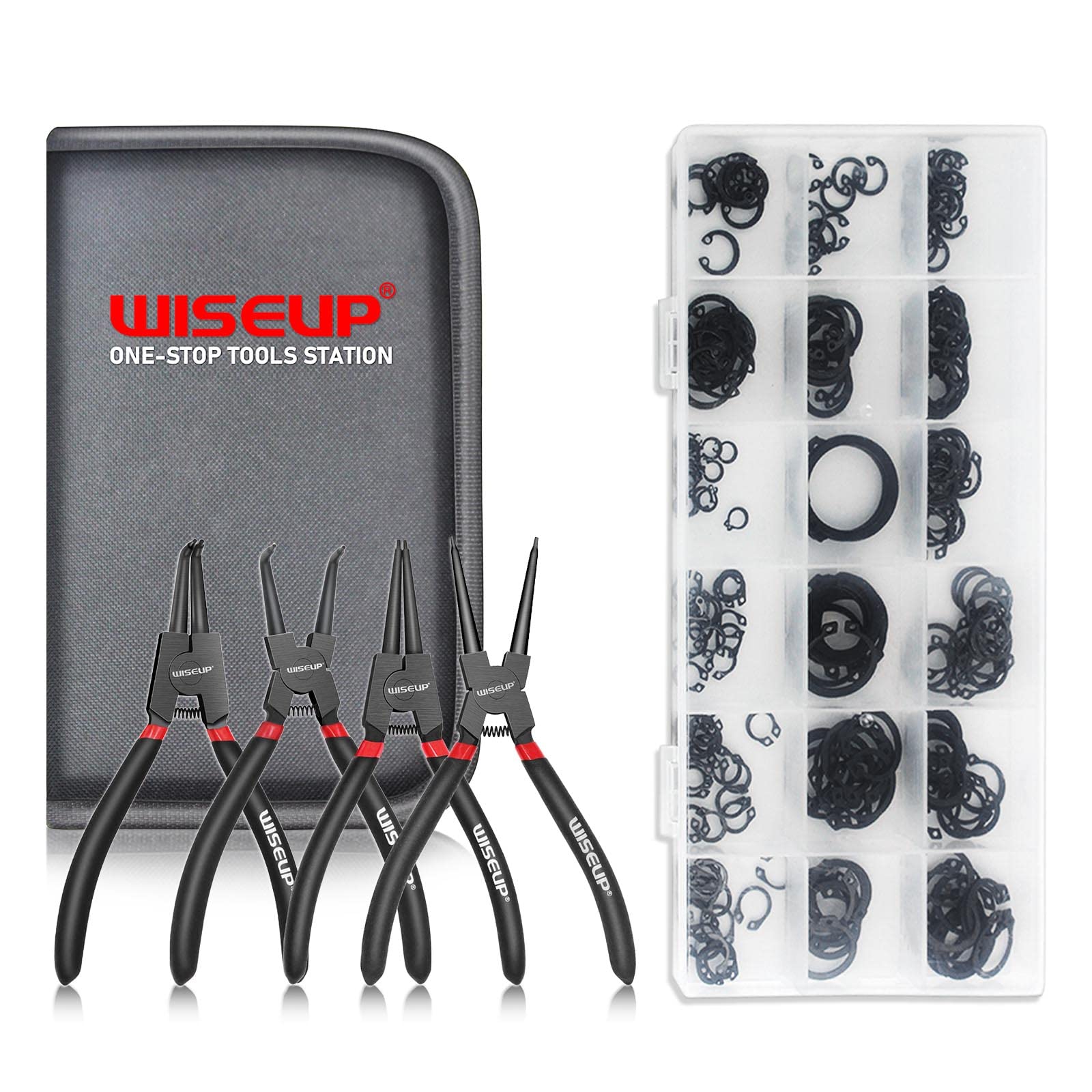WISEUP Pliers Set, 170mm 4PCS Circlip Pliers and 225PCS Circlips, Anti-Rust, Anti-Bending and Labor-Saving Split Ring Tools, Mechanic Tools with Storage Bag