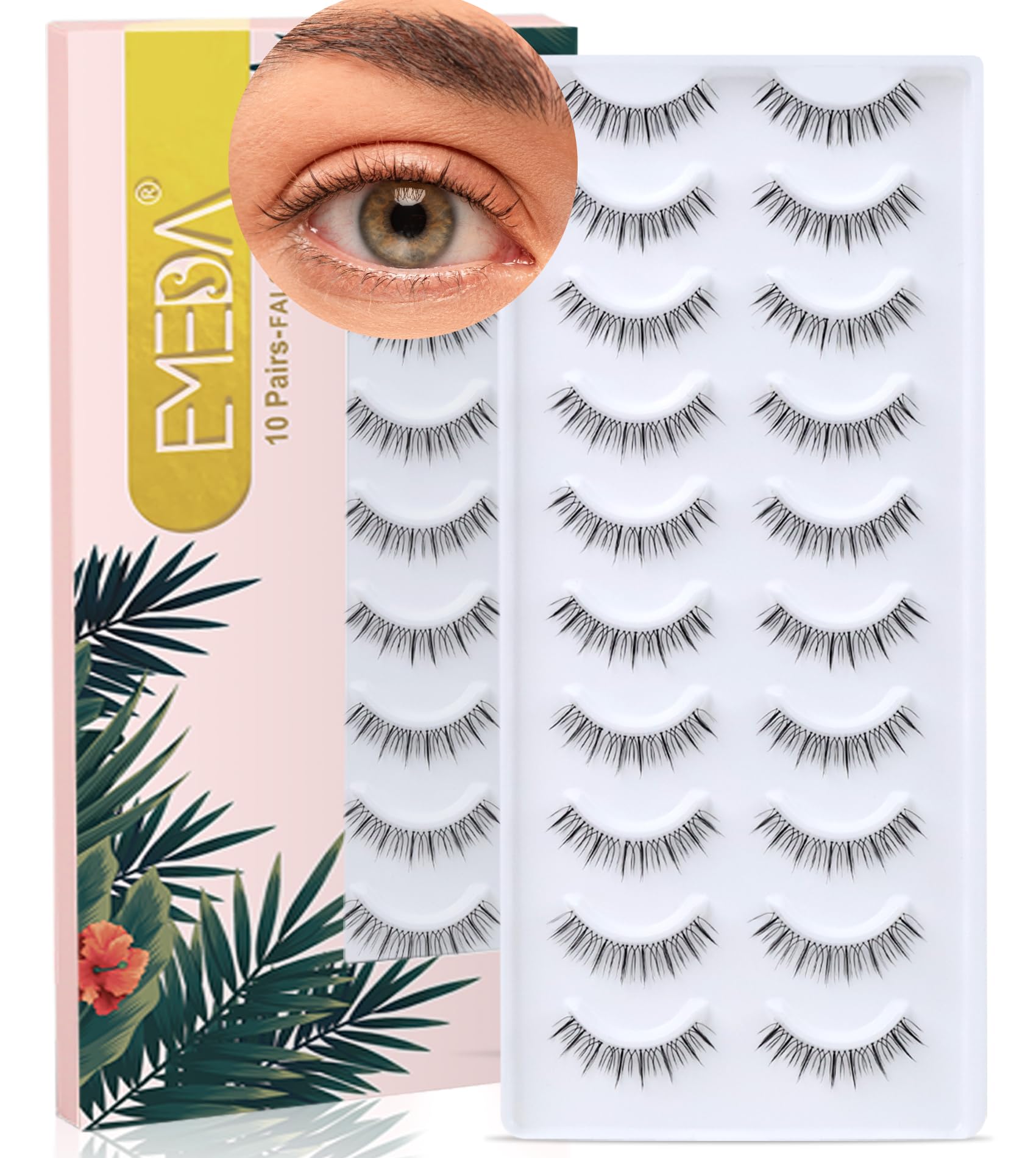 Natural Look False Eyelashes 10 Pairs 100% Hand-tied Short Lashes Length 8-11mm Transparent Invisible Band Fake Eye Lashes Strip Natural Faux Lashes (A36)