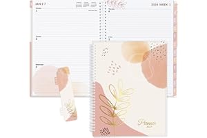 SUNEE 2024 Weekly and Monthly Planner - from January 2024 - December 2024, 8.5"x11" Daily Agenda Planner with Monthly Tab, Flexible Cover, Note Pages, Pocket, Bookmark, Spiral Binding, Pink Breeze