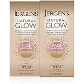 Jergens Natural Glow Face Self Tanner Lotion SPF 20, Sunless Tanning, Fair to Medium Skin Tone, Daily Facial Sunscreen, Oil-Free, Broad Spectrum UVA and UVB Protection, 2 Oz, Pack of 2