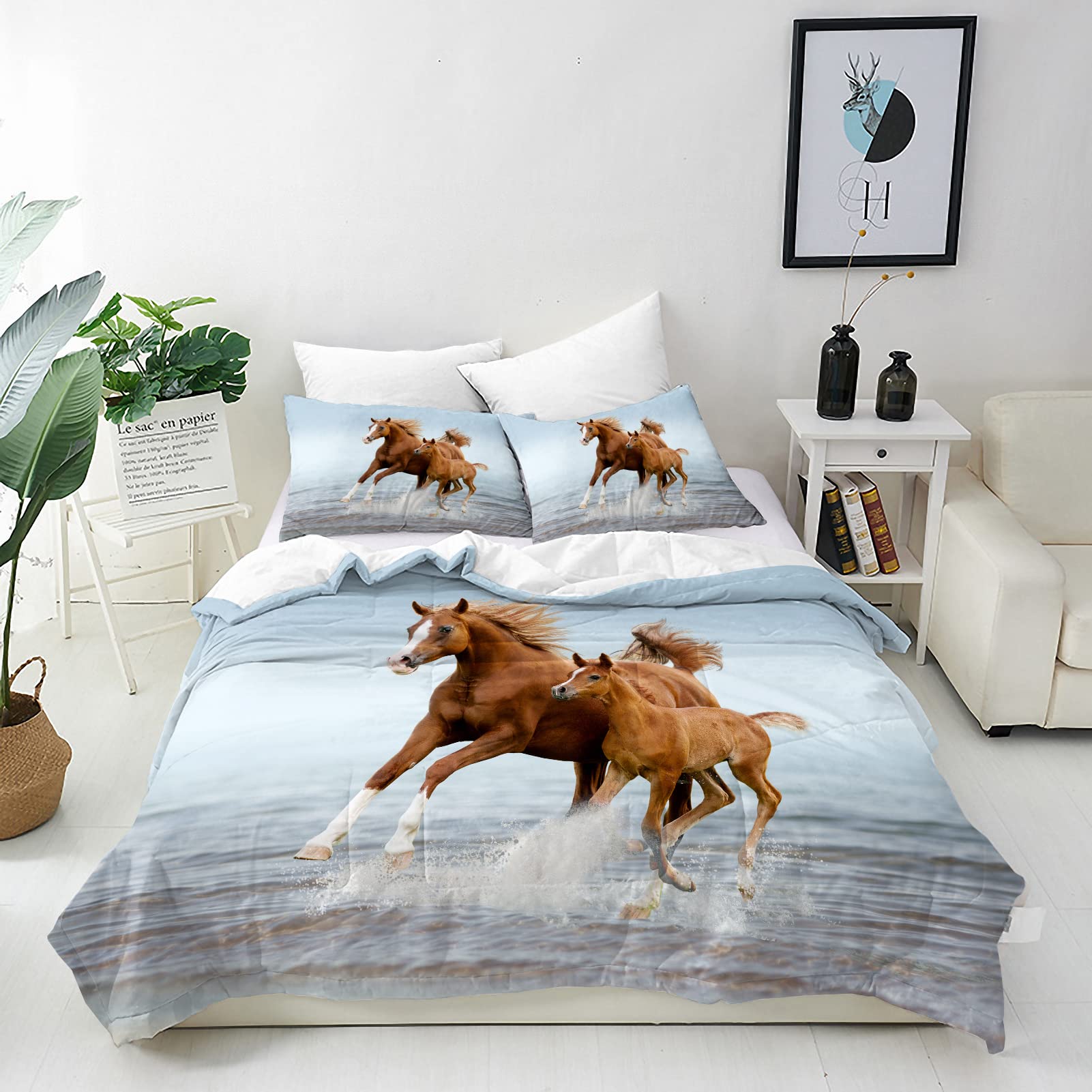 ANHOPE Horse Duvet Cover Set Soft Lightweight 3 Piece Bedding Set with 2 Pillowcase Animal Mare & Pony Running Print Pattern Kids Boys Girls Adults Quilt Cover with Zipper Closure Double 200 x 200 cm — image 1