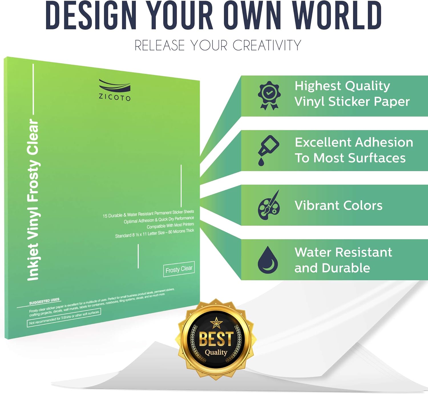 Premium Printable Vinyl Sticker Paper For Your Home Printer - 15 Clear Waterproof Sheets For Label Print Results : Office Products
