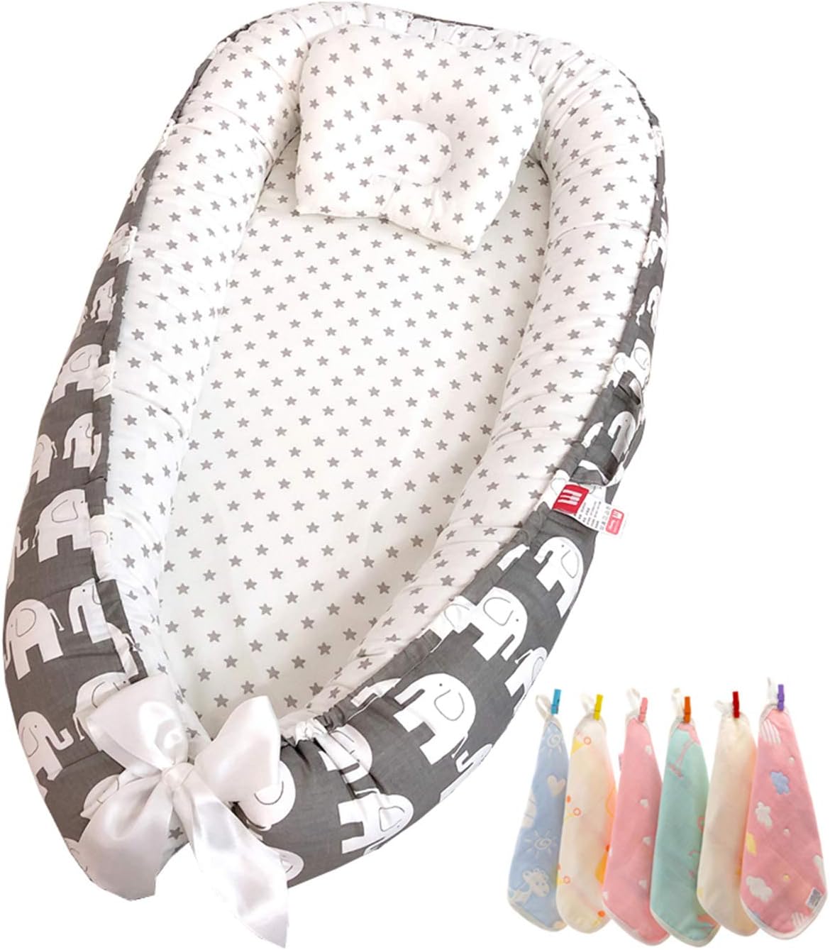 Hayisugar Baby Bassinet for Bed, Newborn Baby Lounger, Infant Sleeping Nest/Pod Breathable 100% Cotton Multifunctional Baby Nest, Portable Crib for Bedroom/Travel, Gray Elephant
