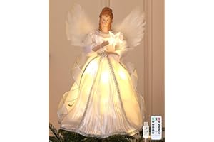 HMASYO Christmas Tree Topper Angel with Timer Lights, 12" Angel Tree Toppers with White Feather Wings, Star Light, Remote Control and USB Power Xmas Treetop Decor for Indoor Office Holiday Party