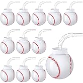 Eaasty Baseball Ball Shape Cups Bulk with Straws and Lids, 10oz Plastic Reusable Baseball Party Cups Ball Shape Party Favors for Kids Birthday Competition Sport Fans Player Theme Supplies(12 Pcs)