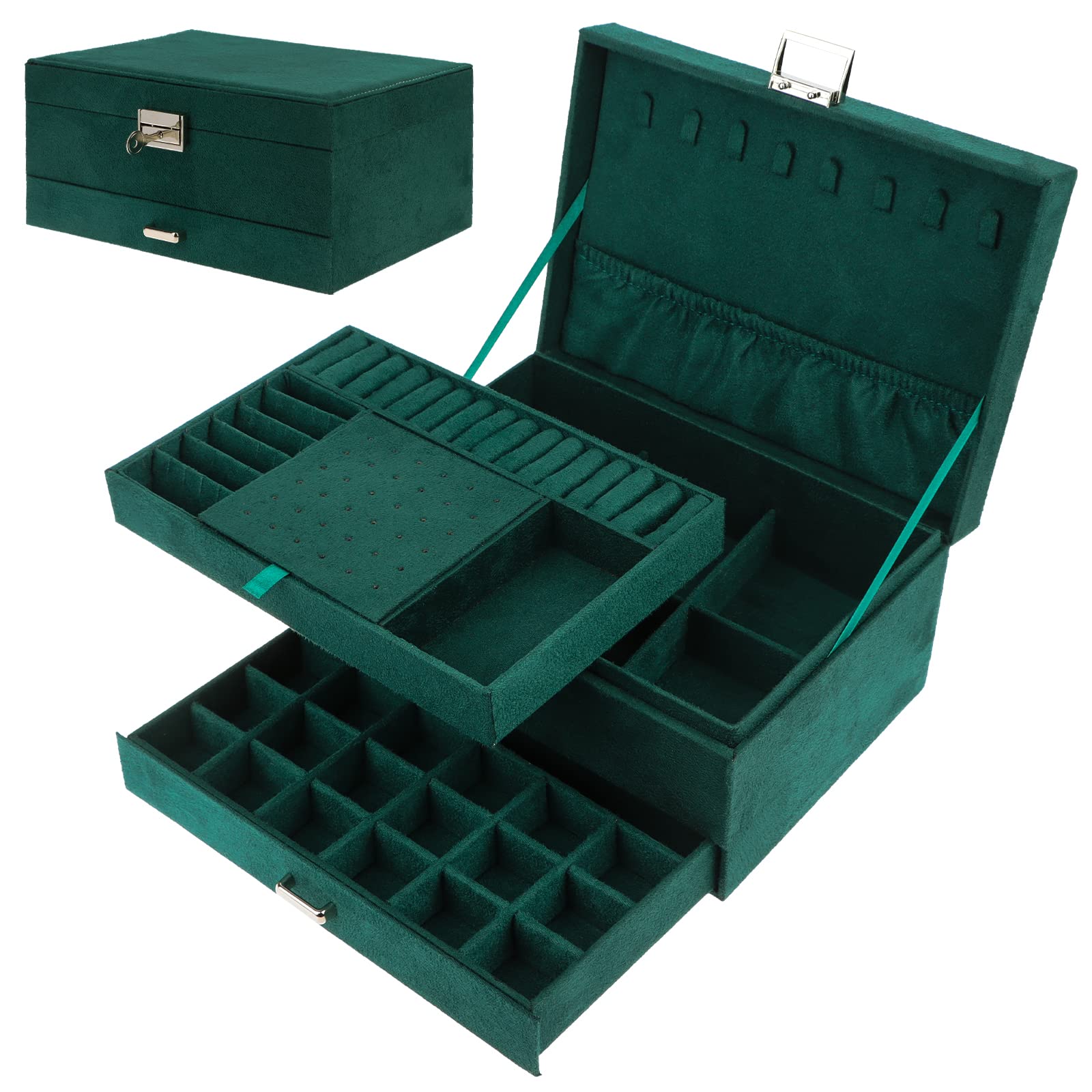 WWmily Vintage Green Flannel Jewelry Box for Women Girls, 3-Layer Large Capacity Retro Velvet Jewelry Organiser Storage Case Lockable for Earrings Necklace Bracelets Rings and Watches (Dark Green)
