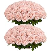 IUKnot 50pcs Blush Roses Artificial Flowers Bulk,Fake Roses Silk Flower with Stems Realistic Flowers for Wedding Centerpiece Home Party Decor