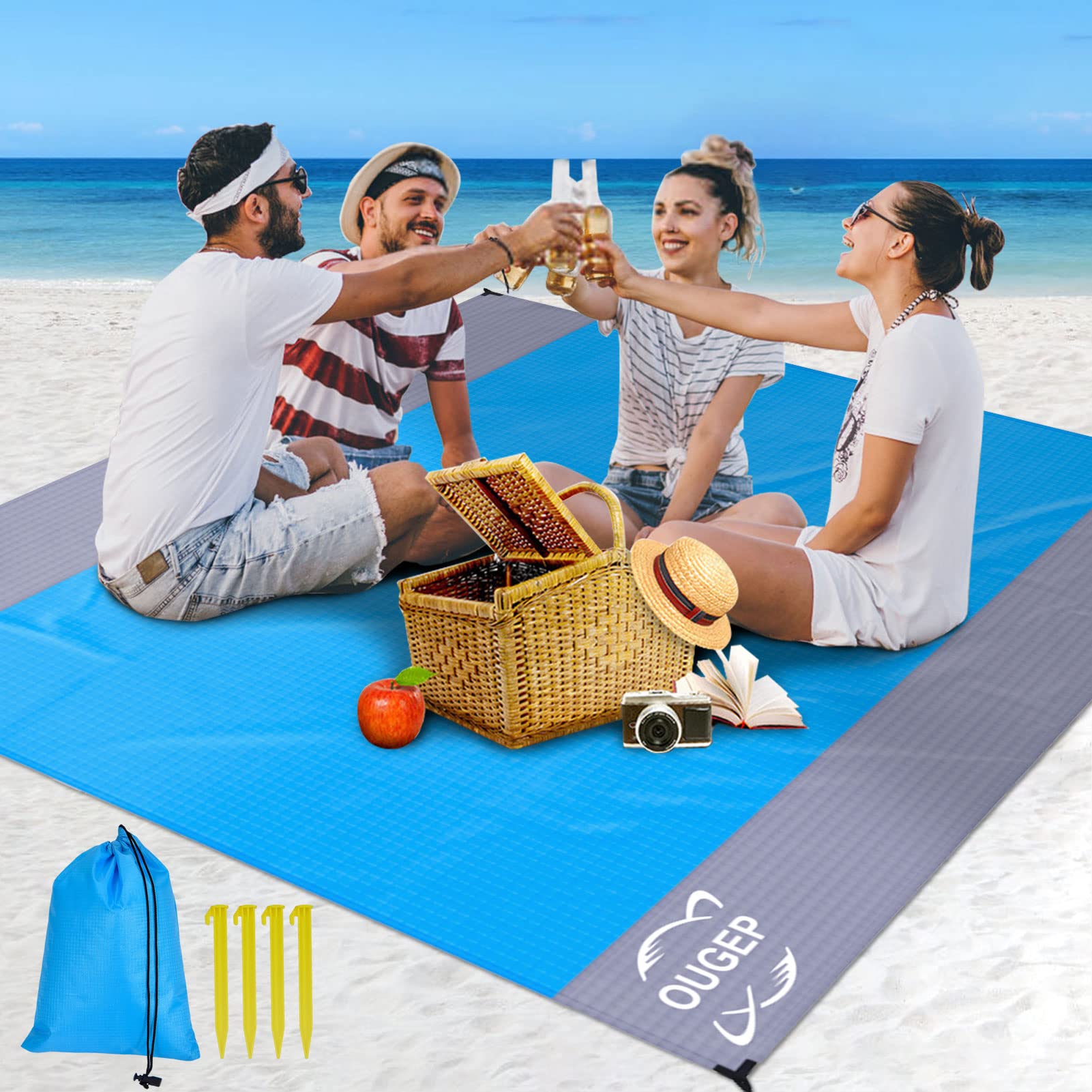OUGEP Beach Blanket Sandproof, Large Picnic Blanket Waterproof 200 x 230cm for 4-8 Adults,Beach Mat Sand Free Waterproof for Camping, Hiking,Beach,Picnic (Blue/Grey)