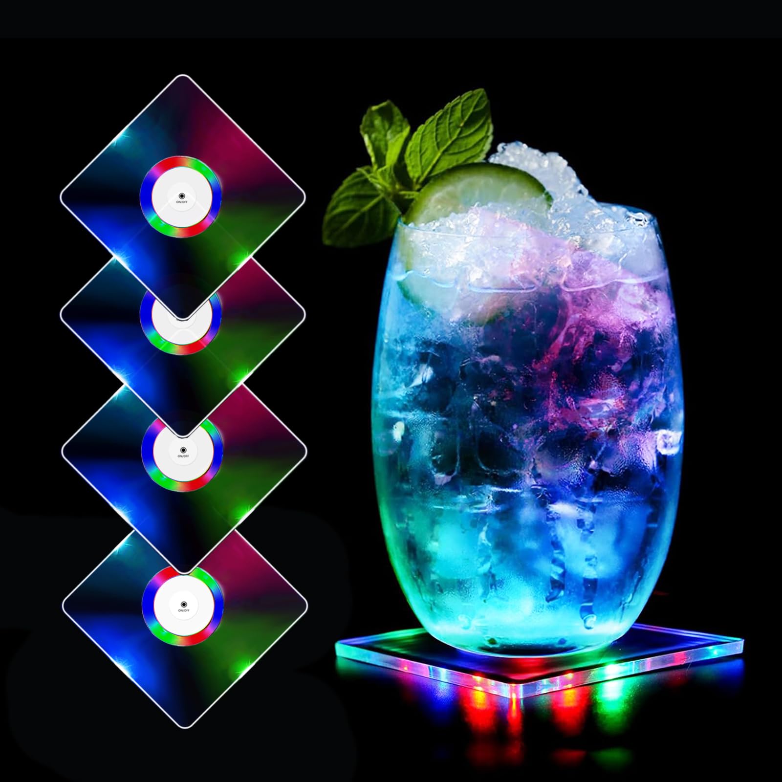 MEDOYOH Set of 4 Square Colour LED Coasters for Drinks, ON/OFF Disposable Daily Waterproof Acrylic Light Up Coasters for Beer Cocktail Parties Weddings Bar Christmas Home Pub
