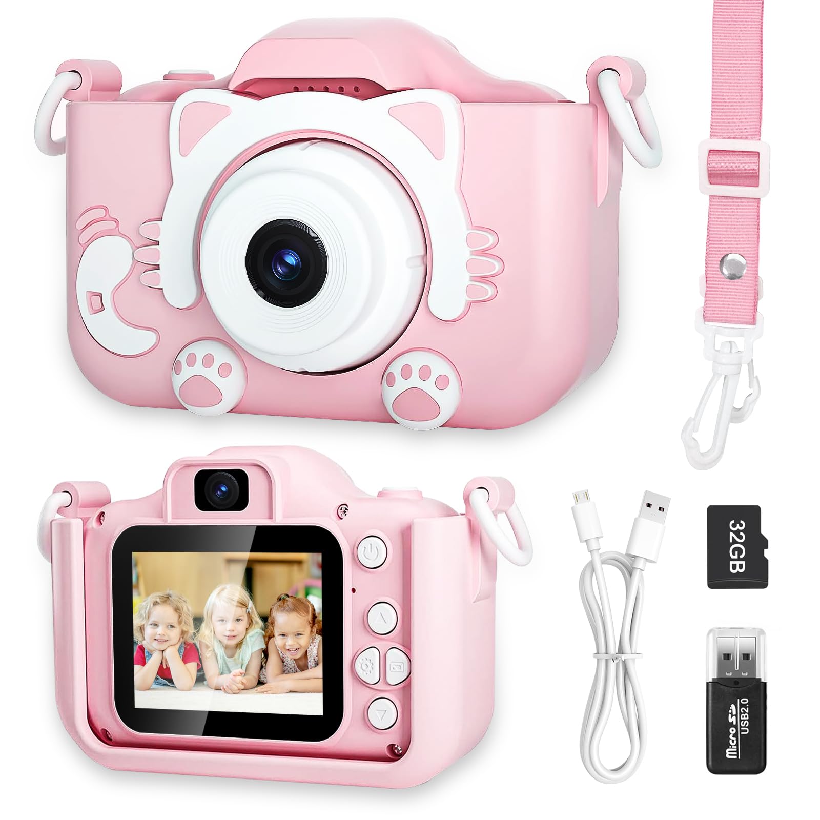 Kids Digital Camera for 3-8 Years Old, HD Video, Selfie Camera - Pink, 32G SD Card Included