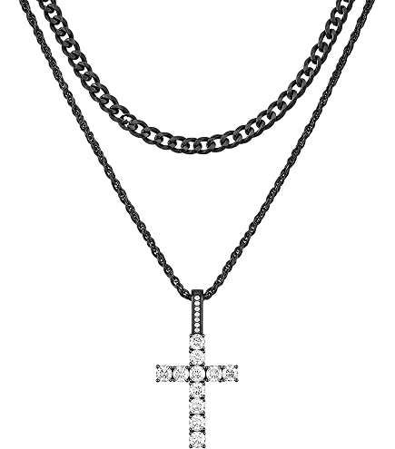 GEMOSA Black Cross Necklace for Men, Cuban Link Layered Rope Chain