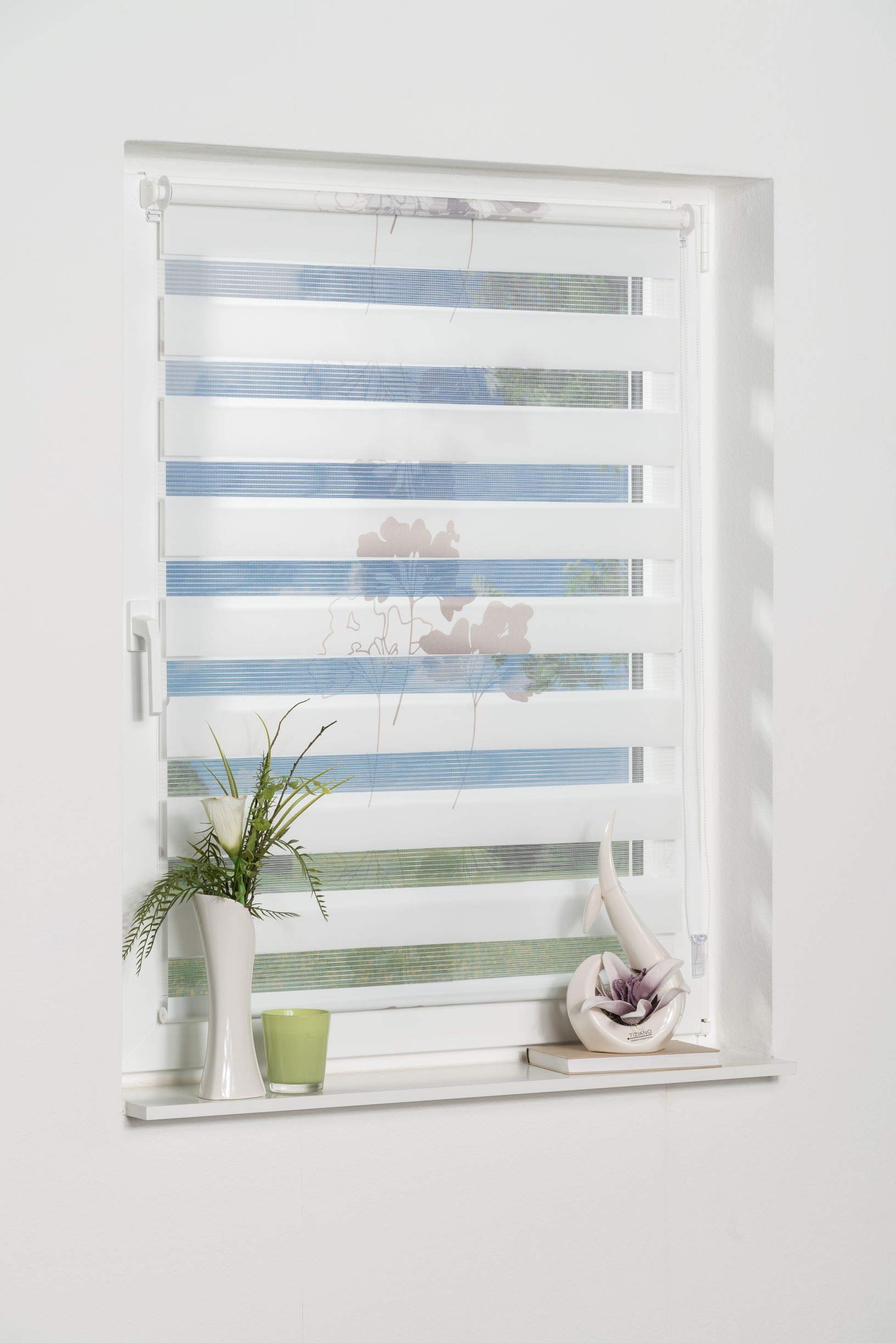 K-home Klemmfix Double Roller Blind No Drilling Required, Blume (Grau), 55 x 150 cm