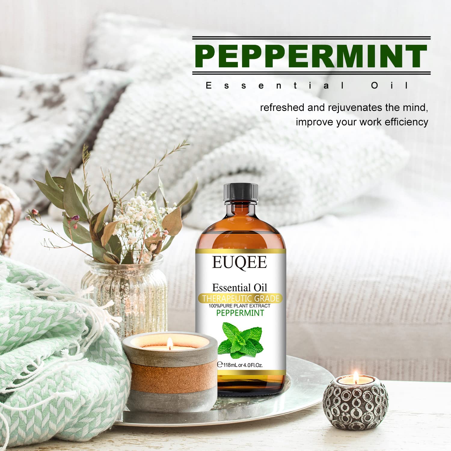 EUQEE Peppermint Essential Oil 118 ml Pure Peppermint Oil with Glass Dropper, Great for Aromatherapy, Diffuser, Soap Candle Making - 4Fl. Oz