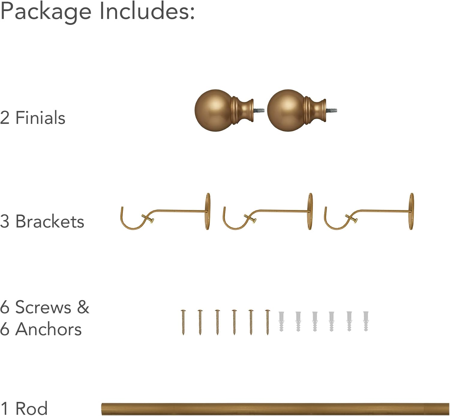 Elrene Home Fashions Cordelia 1" Window Drapery Single Curtain Rod with Globe Ball Finial, 48"-86", Soft Gold: Home & Kitchen