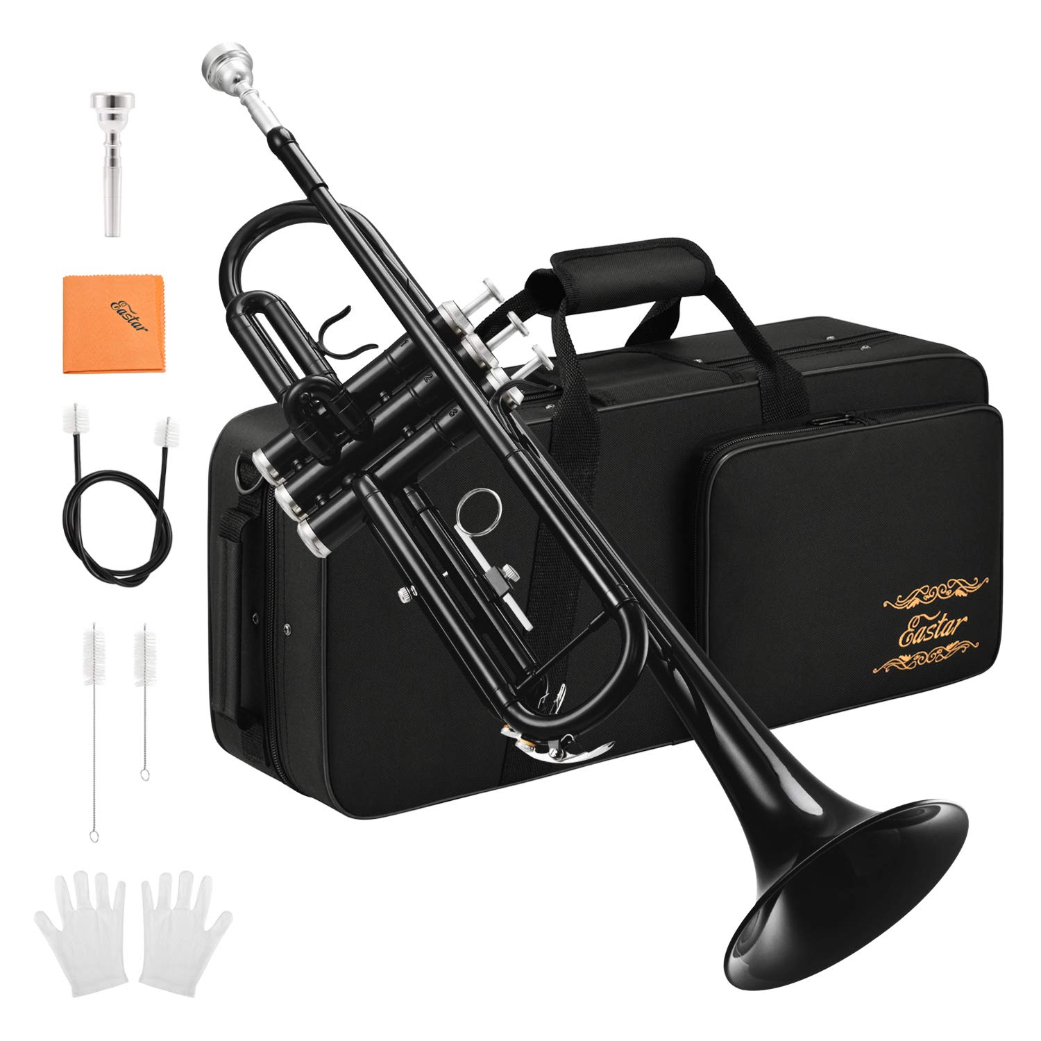 Photo 1 of Eastar Bb Trumpet Standard Trumpet Set for Student Beginner with Hard Case, Cleaning Kit, 7C Mouthpiece and Gloves, Brass Bb Trumpet Instrument, Black, ETR-380B