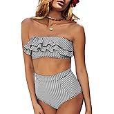 Saodimallsu Women High Waisted 2 Piece Bikini Set Bandeau Ruffle Swimsuit Top Striped Bathing Suits