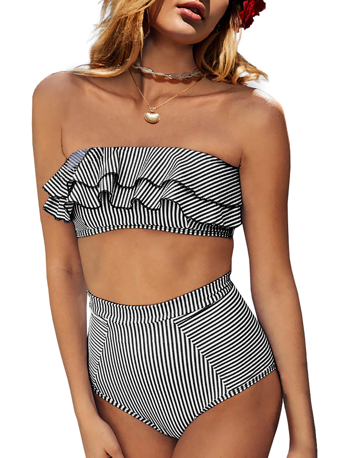 Photo 1 of Saodimallsu Women High Waisted 2 Piece Bikini Set Bandeau Ruffle Swimsuit Top Striped Bathing Suits Black medium