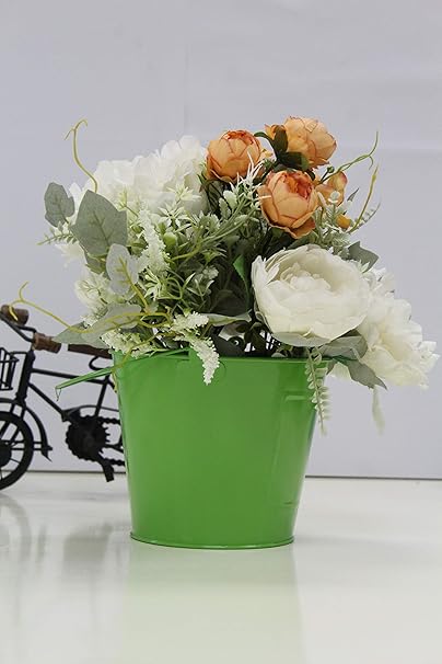 Hosley 6 Inch Galvanized Metal Hanging Planter / Table Top Planters for Dry & Fresh Flower / Hanging Bucket Planter, Green, Set of 3