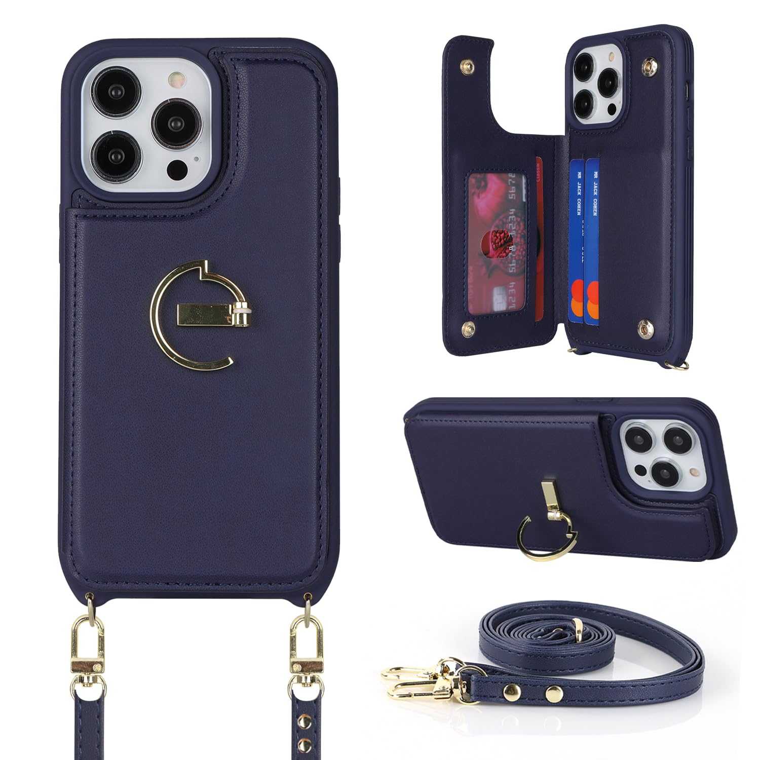 Photo 1 of ?????? Crossbody Phone case for iPhone 14 Pro case with Strap for Women iPhone 14 Pro case with Card Holder iPhone 14 Pro Leather Wallet Cover with Credit Card Slot-Blue