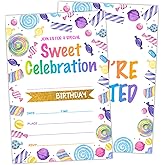rizotus Sweet Candy Birthday Invitations for Girls Boys, Dessert Birthday Party Invites Cards for Kids, Set of 20 Card with Envelopes, Sweet Party Celebration Candyland Party Decorations-A04