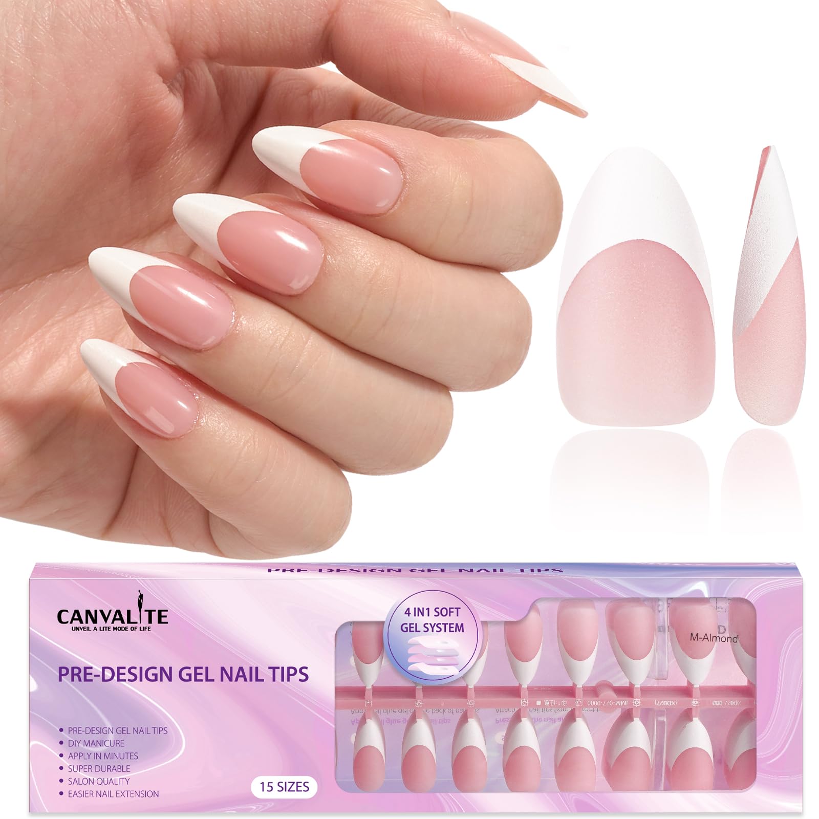 Photo 1 of Canvalite French Tip Press on Nails Gel Nail Tips - 300Pcs Pre-Colored Quick and Easy Press on Nails Almond Fake Nails with Designs DIY Nail Extensions Valentines Day Gifts for Her, Pink White