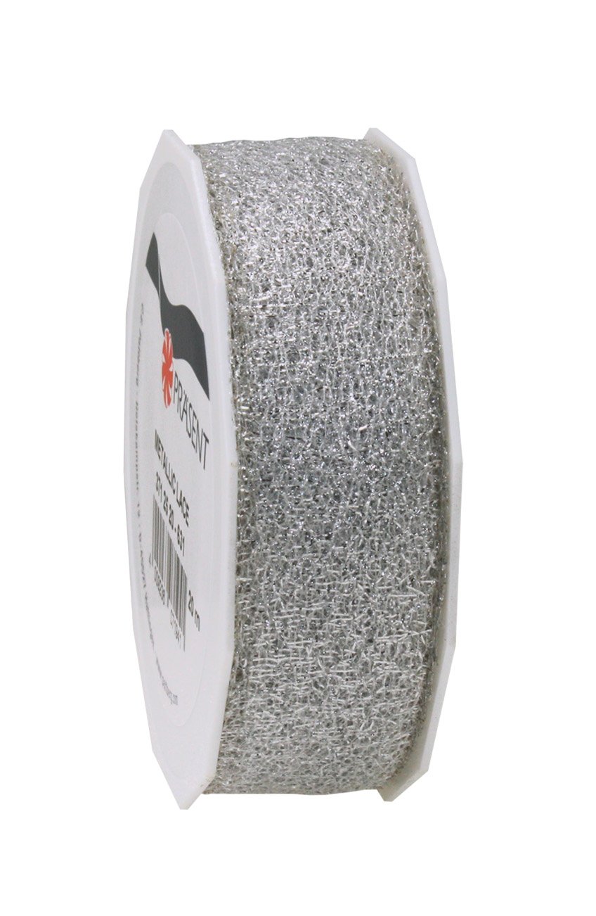 Präsent - Metallic Lace Ribbon Silver 20-m-Roll 25 mm width