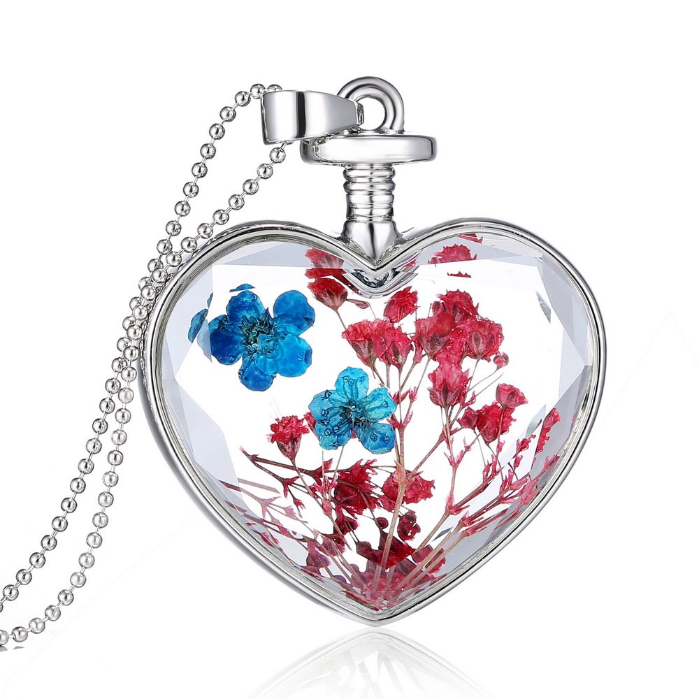 Feilok Classic Heart-Shaped Blue and Red Dried Flowers Transparent Crystal Women Chain Long Pendant Necklace…